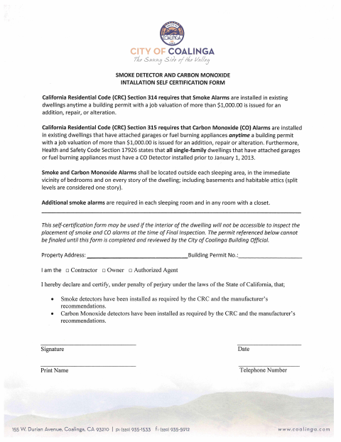 First page of the Smoke Detector and Carbon Monoxide Installation Self-Certification Form