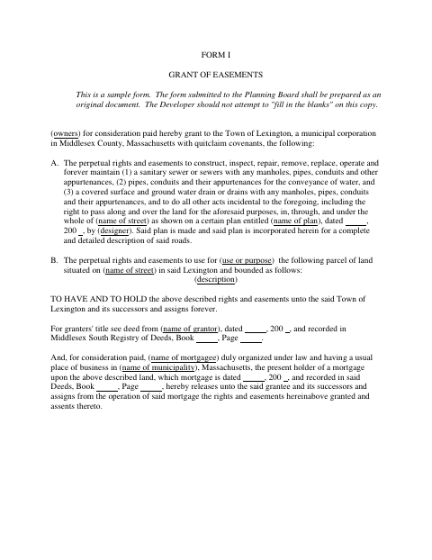 First page of the Form I Grant of Easements