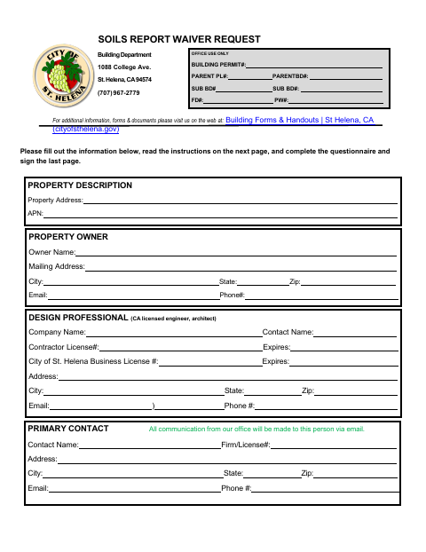 First page of the Soils Report Waiver Request