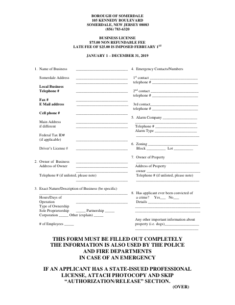 First page of the Business License Application