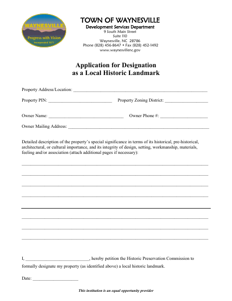First page of the Application for Designation as a Local Historic Landmark