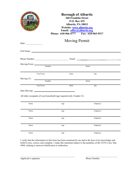 First page of the Moving Permit