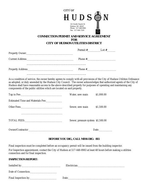 First page of the Connection Permit and Service Agreement for Utilities District