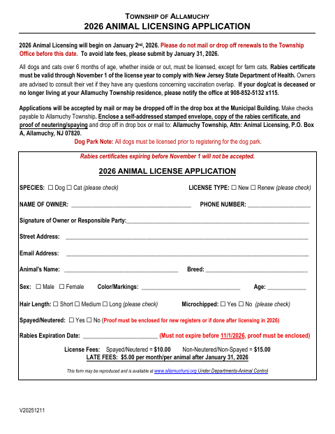 First page of the 2026 Animal Licensing Application