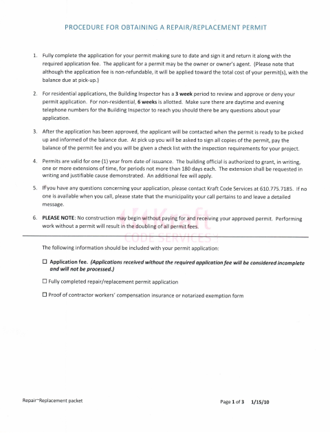 First page of the Repair or Replacement Permit Application