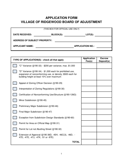 First page of the Board of Adjustment Application