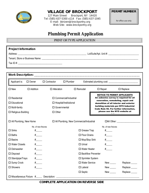 First page of the Plumbing Permit Application
