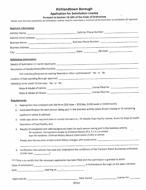 First page of the Solicitation License Application