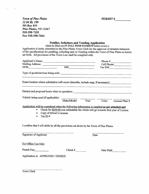 First page of the Peddler, Solicitor and Vending Application