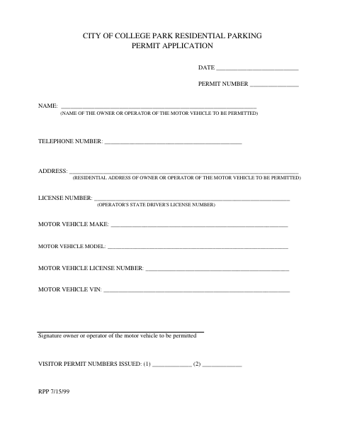 First page of the Residential Parking Permit Application