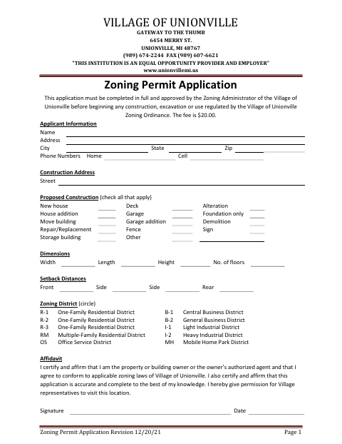 First page of the Zoning Permit Application