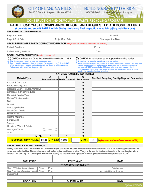 First page of the Construction and Demolition Waste Compliance Report and Deposit Refund Request