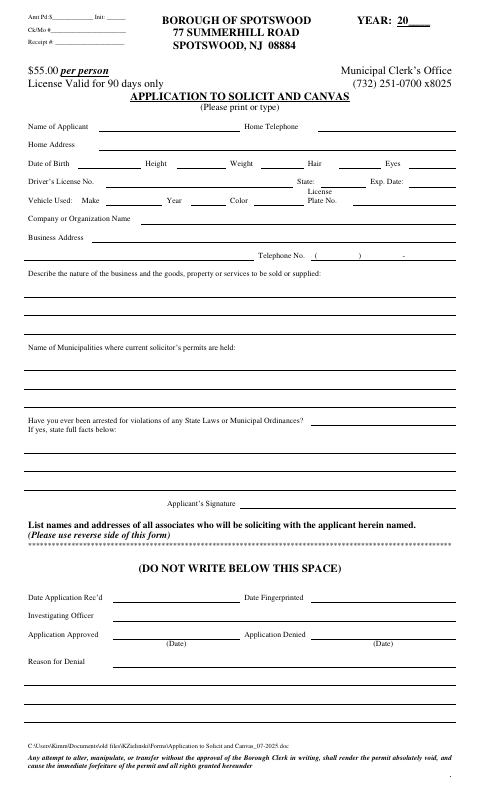 First page of the Application to Solicit and Canvas
