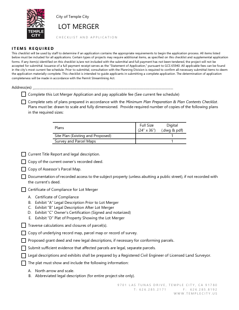 First page of the Lot Merger Checklist and Application