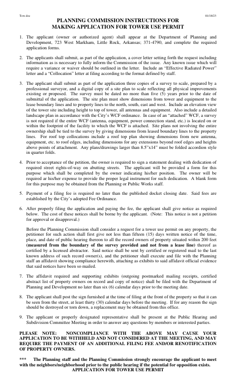 First page of the Tower Use Permit Application