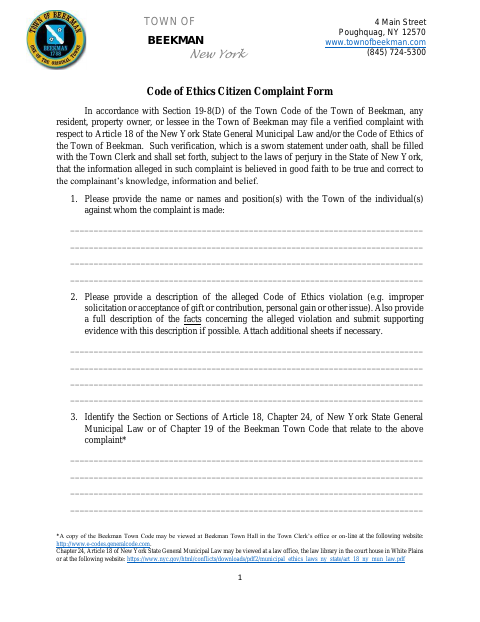 First page of the Code of Ethics Citizen Complaint Form