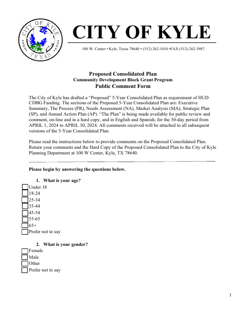 First page of the Proposed Consolidated Plan Community Development Block Grant Program Public Comment Form