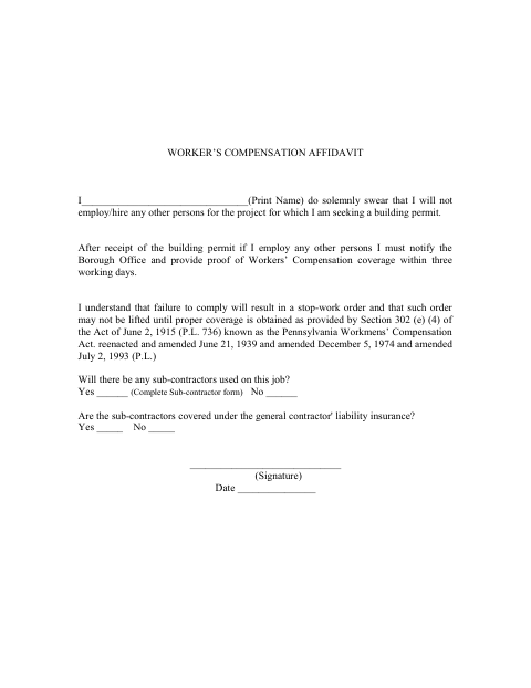 First page of the Worker’s Compensation Affidavit
