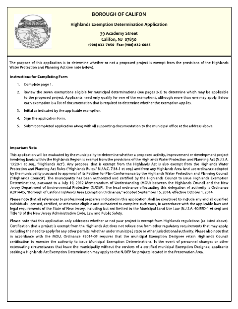 First page of the Highlands Exemption Determination Application