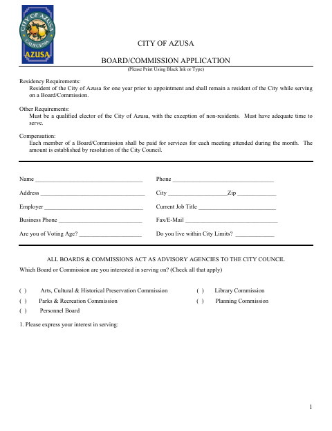First page of the Board and Commission Application