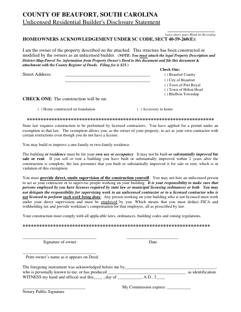 First page of the Unlicensed Residential Builder's Disclosure Statement