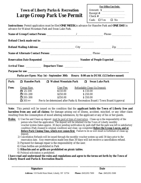 First page of the Large Group Park Use Permit