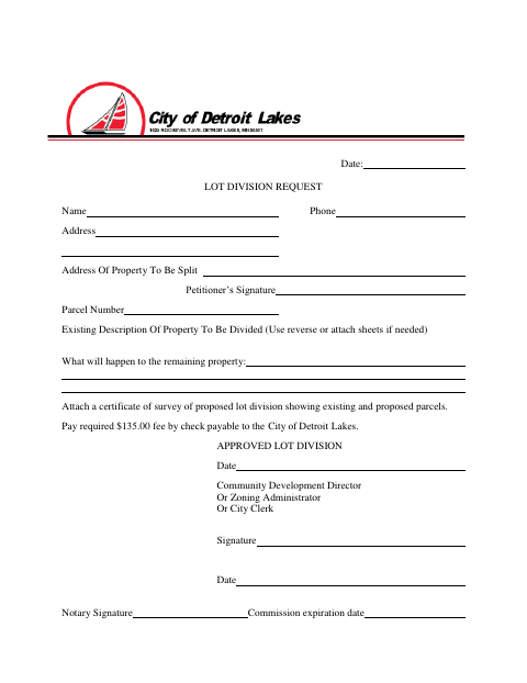 First page of the Lot Division Request