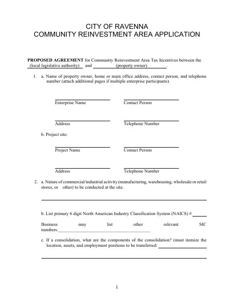 First page of the Community Reinvestment Area Application