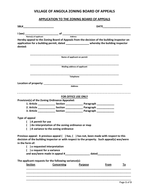 First page of the Application to the Zoning Board of Appeals