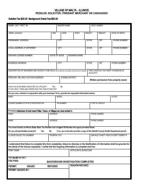 First page of the Peddler, Solicitor, Itinerant Merchant, or Canvasser Application