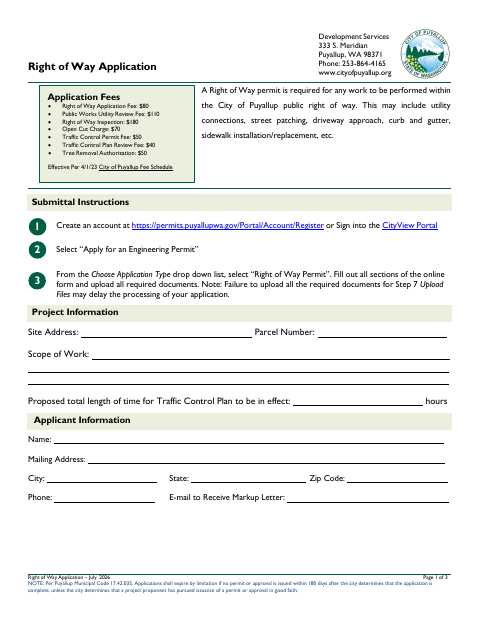 First page of the Right of Way Application