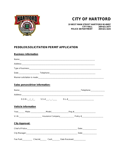 First page of the Peddler/Solicitation Permit Application