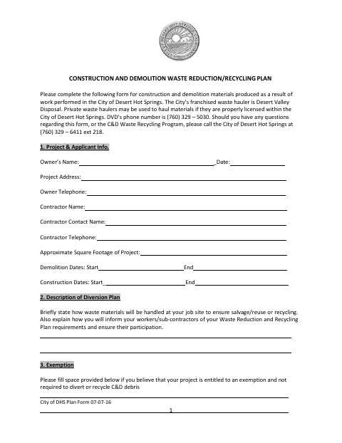 First page of the Construction and Demolition Waste Reduction/Recycling Plan