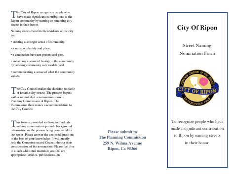 First page of the Street Naming Nomination Form