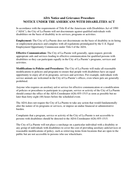 First page of the ADA Notice and Grievance Procedure