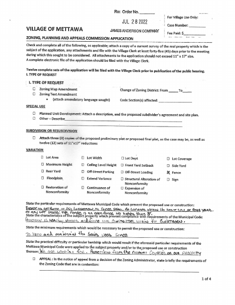 First page of the Zoning, Planning and Appeals Commission Application
