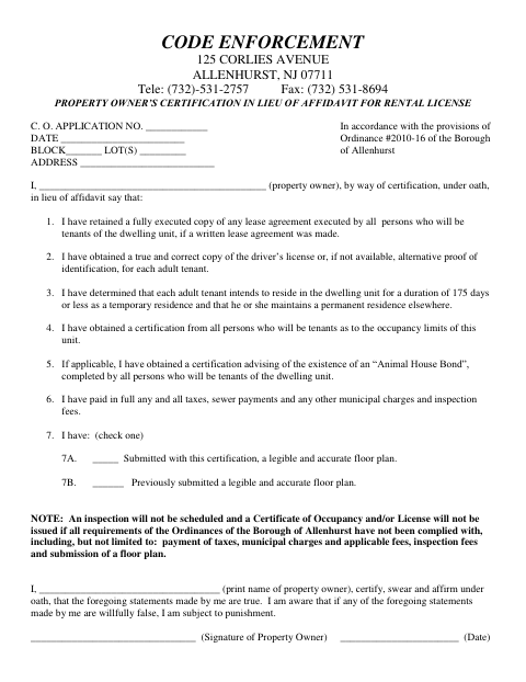 First page of the Property Owner’s Certification in Lieu of Affidavit for Rental License C.O. Application