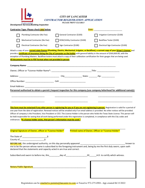 First page of the Contractor Registration Application