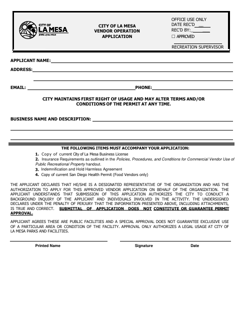 First page of the Vendor Operation Application