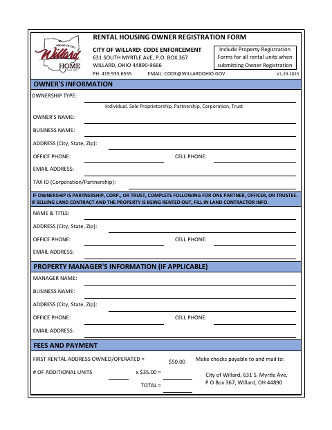 First page of the Rental Housing Owner Registration Form