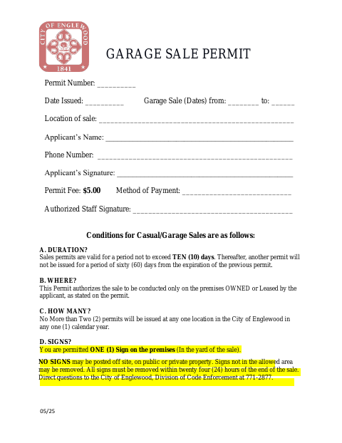 First page of the Garage Sale Permit Application