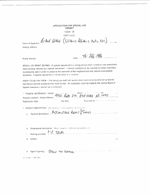 First page of the Wilkins Special Use Permit Application