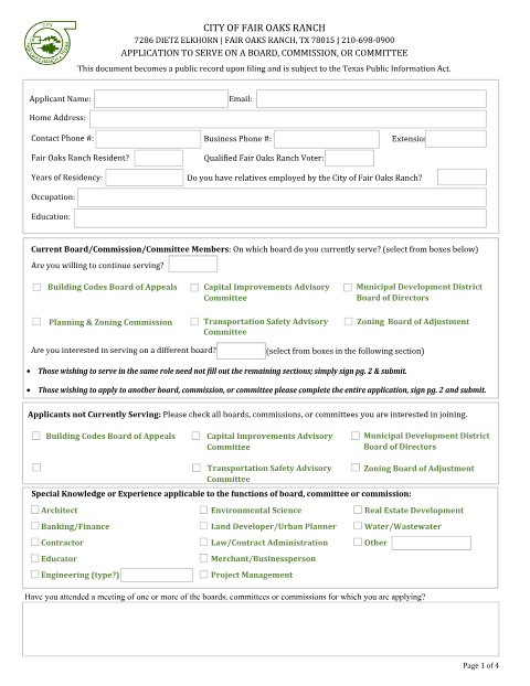 First page of the Application for Boards and Commissions
