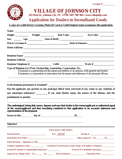 First page of the Secondhand Dealers License Application