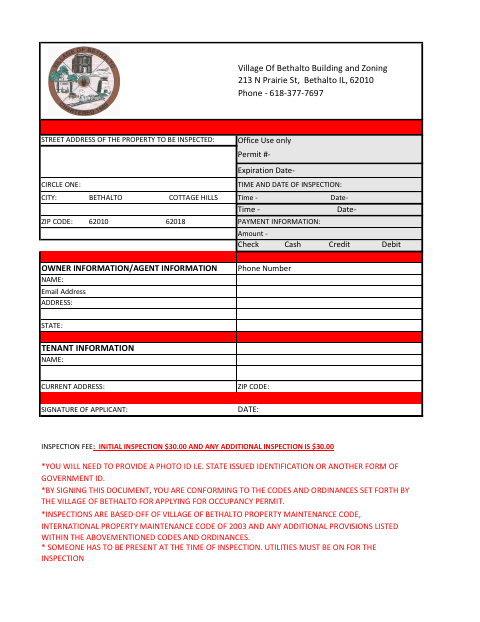 First page of the Occupancy Permit Application