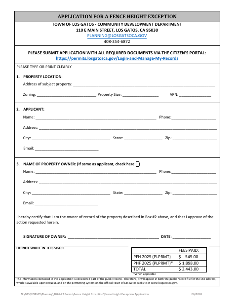First page of the Application for a Fence Height Exception