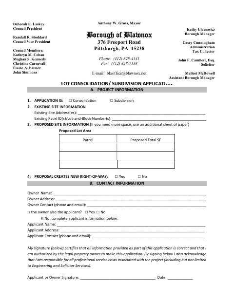 First page of the Lot Consolidation/Subdivision Application