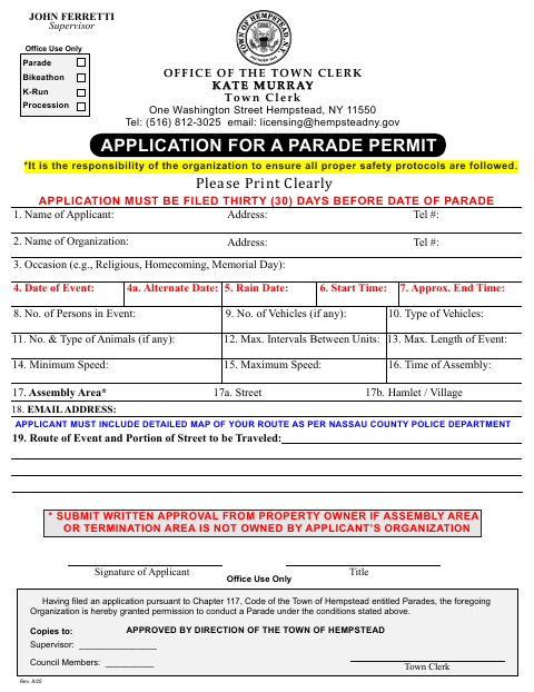 First page of the Parade Permit Application