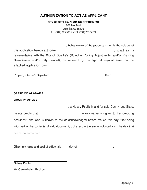First page of the Authorization to Act as Applicant