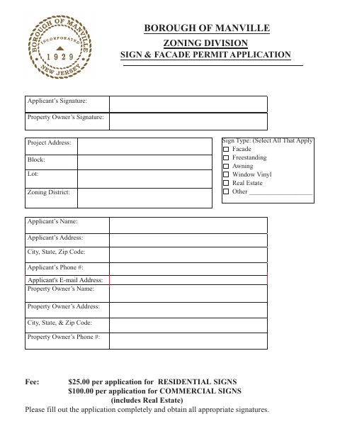 First page of the Sign & Facade Permit Application